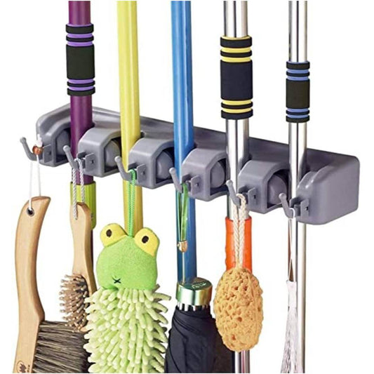 Multipurpose Wall Mounted Hanging Organizer Broom Holder Stand 5 Positions with 6 Hooks Holder Broom and Mop Organizer (Multicolour)