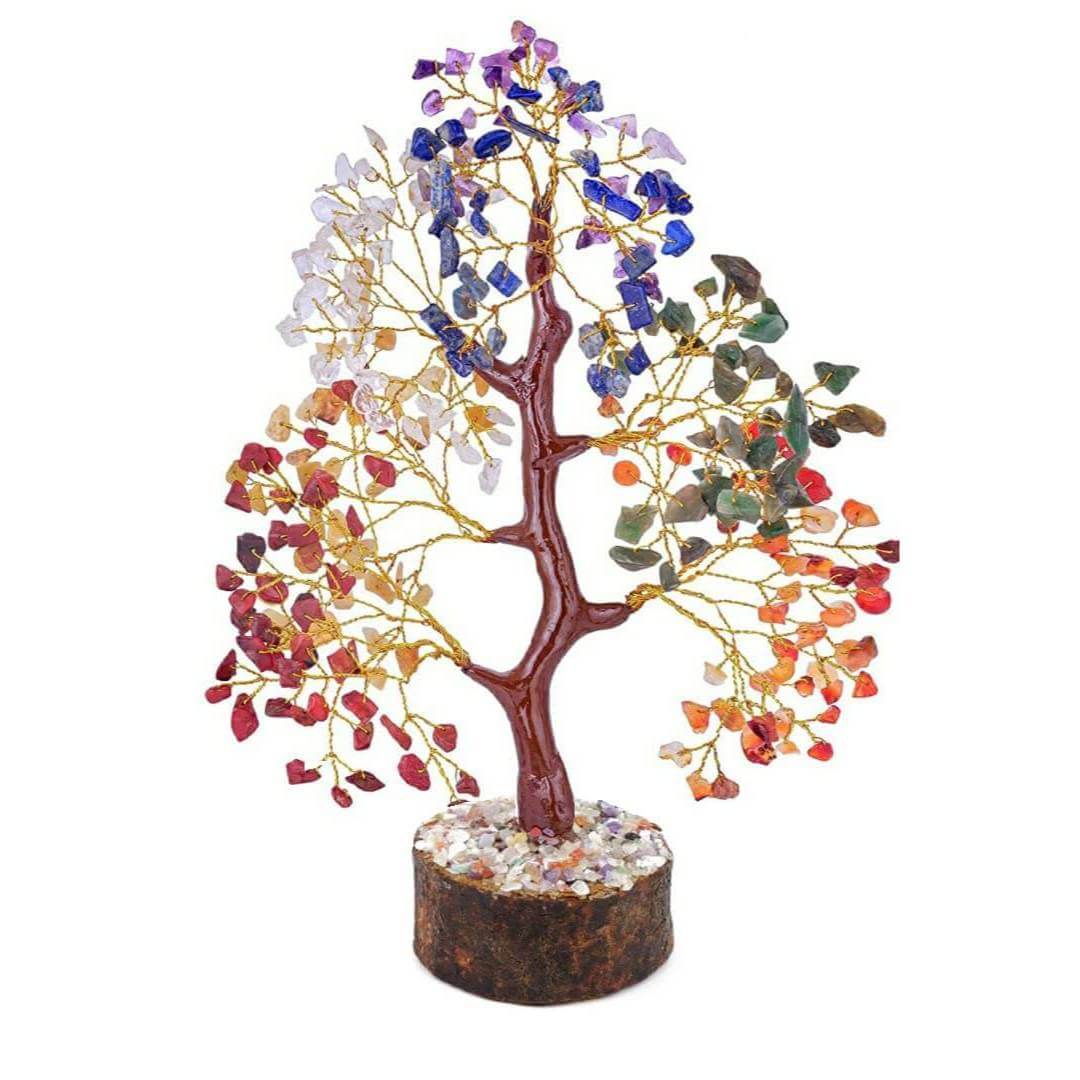Natural Crystal Stone 7 Chakra Tree Gemstone Tree Feng Shui Figurine Money Good Luck Healing Crystals Ornament Table Room Decor Gift Size 10-12"