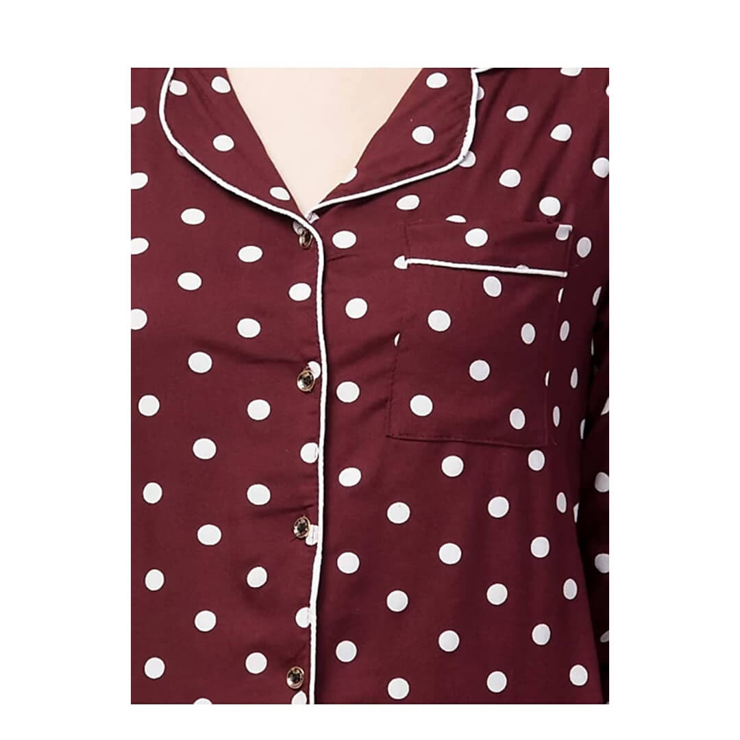 Trending Polka Dots Print Night Suits Shirt & Pyjama Set for Women (Maroon)