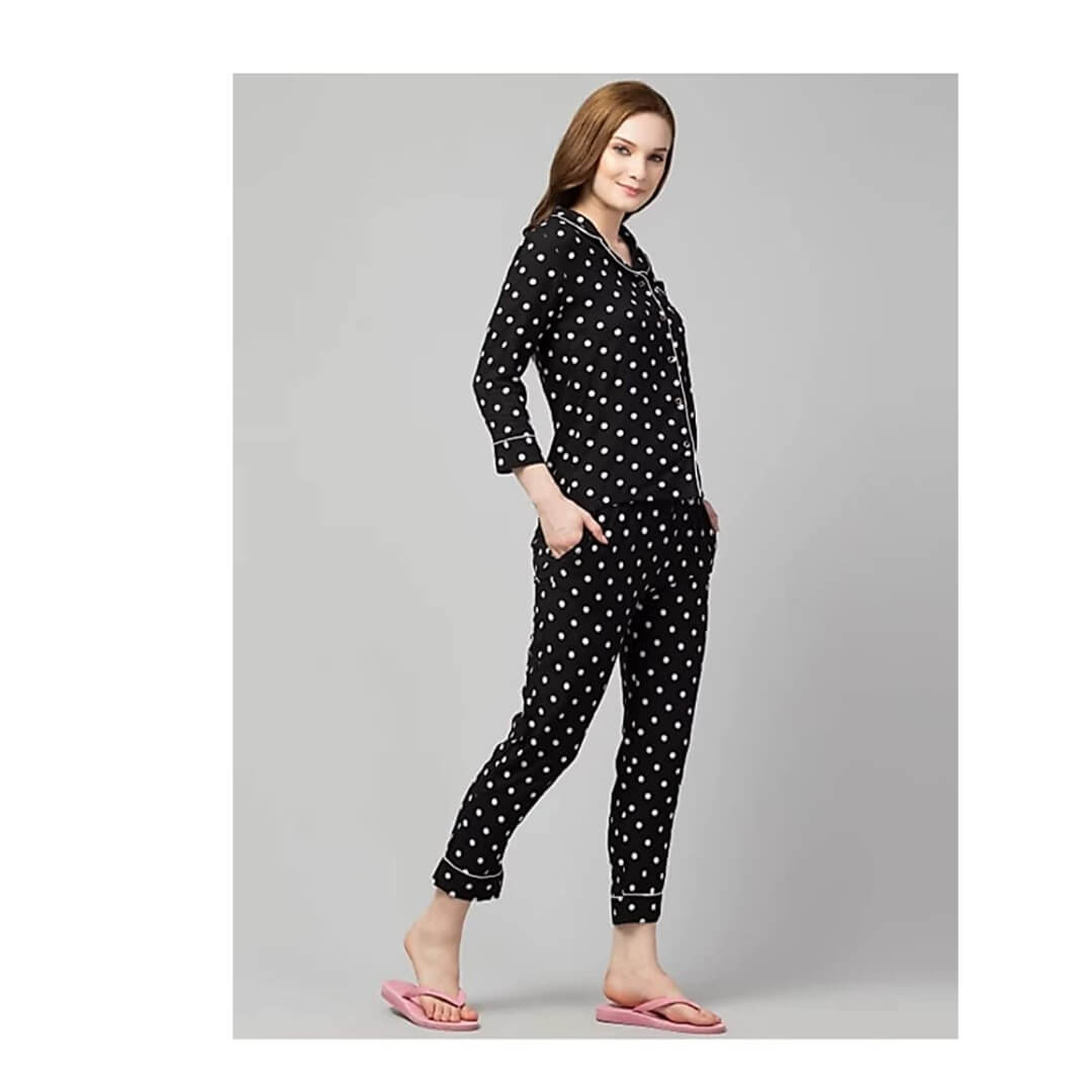 Trending Polka Dots Print Night Suits Shirt & Pyjama Set for Women (Black)