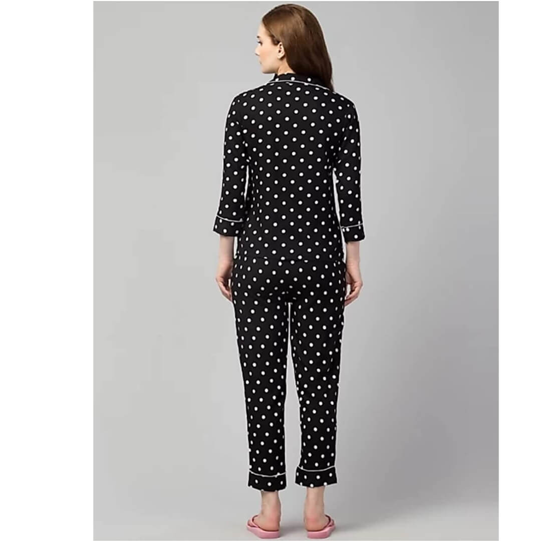 Trending Polka Dots Print Night Suits Shirt & Pyjama Set for Women (Black)