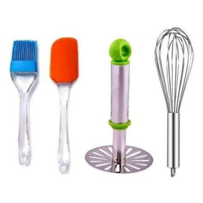 Non-Stick Silicone Spatula Cooking Oil Brush Set Egg Whisker and Stainless Steel Potato Masher Kitchen Tool (Pack of 4)