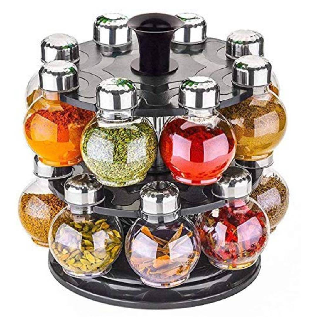 Multipurpose 360* Revolving Stand Plastic Spice Rack/Masala Jar/Storage Jar/Condiment Set (Silver & Transparent)-8Pies (16 pcs)