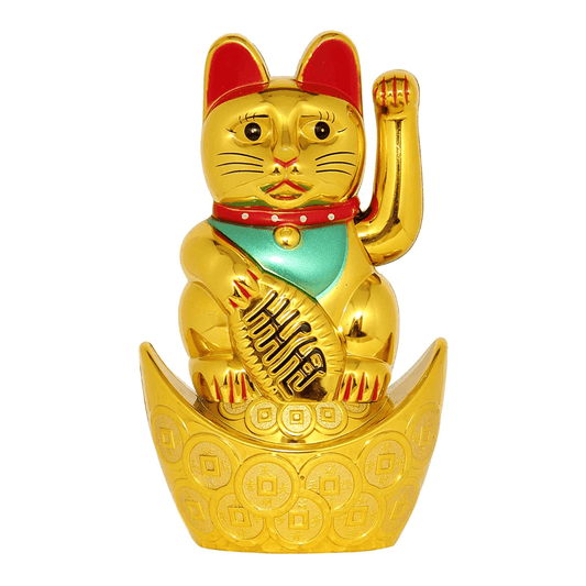 Feng Shui Big Welcome Cat Sitting on Money Ingot Boat Golden Hand Waving Cat for Good Luck Health Wealth Prosperity & Happiness Decoration Showpiece