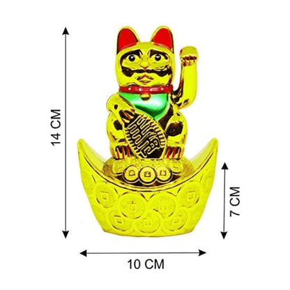 Feng Shui Big Welcome Cat Sitting on Money Ingot Boat Golden Hand Waving Cat for Good Luck Health Wealth Prosperity & Happiness Decoration Showpiece